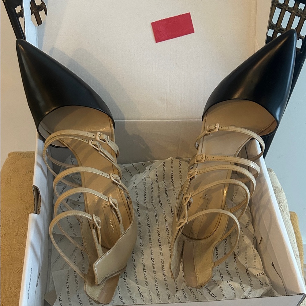 Aldo Elegant Black and Cream Multi-Strap Heels